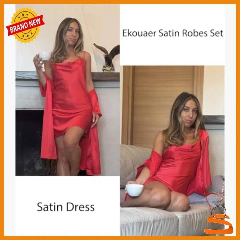 Satin Robe Set Nightgown Pajama 2 Piece Lingerie Sleepwear Large
